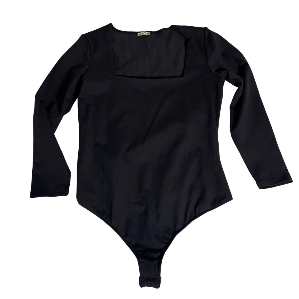 Intimately Free People Black Square Neck Long Sleeve Thong Bodysuit Large